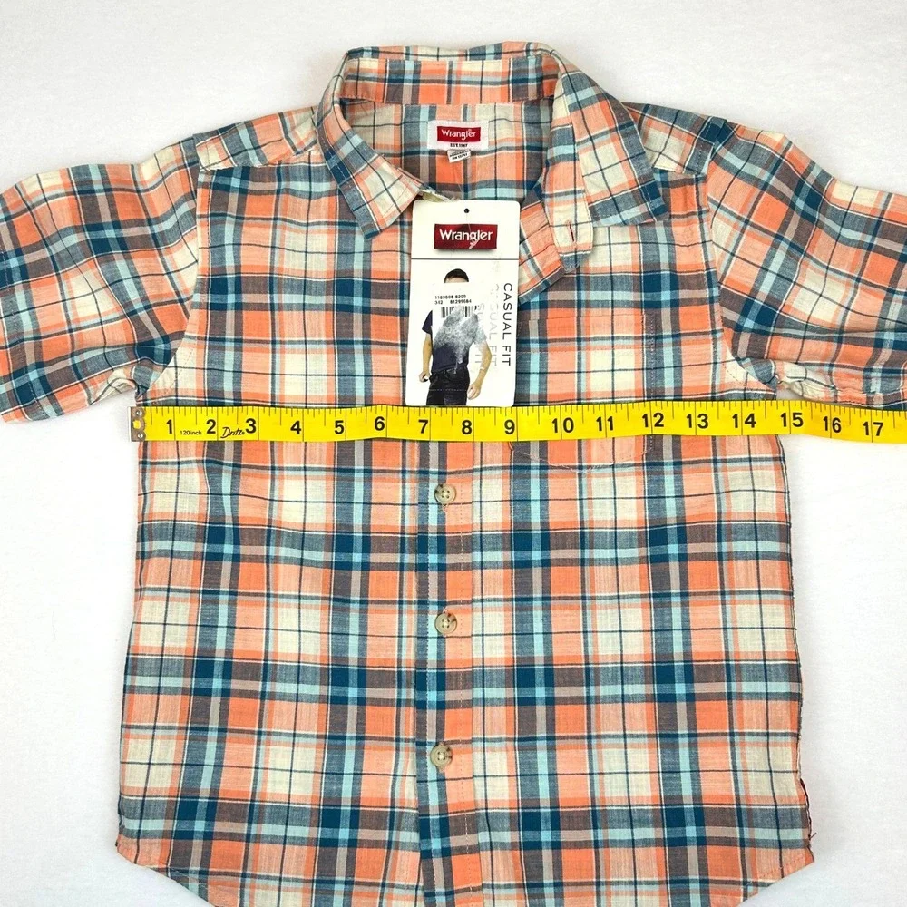 NWT Wrangler Boys Plaid Button Down Shirt Orange Blue Short Sleeve‎ Size 6